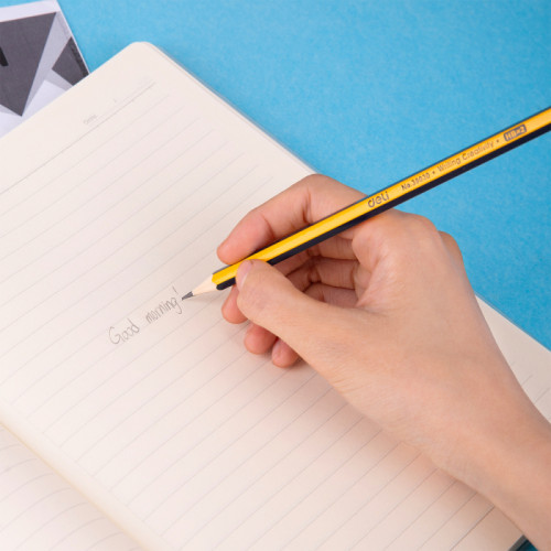 Карандаш DELI "Scribe", НВ, шестигранный корпус, дерево, с ластиком, желтый с полосками ассорти