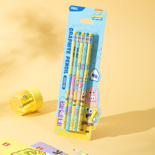 Карандаш DELI "SpongeBob", НВ, трехгранный корпус, дерево, с ластиком, 10 шт/упак