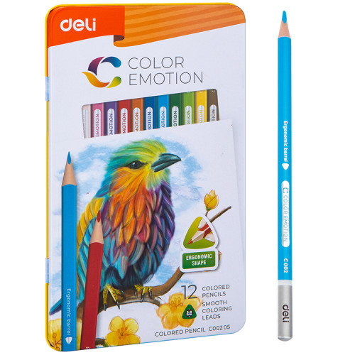 Карандаши цветные Deli "Color Emotion", 12 цветов, дерево, метал. пенал