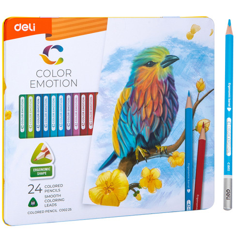 Карандаши цветные Deli "Color Emotion", 24 цвета, дерево, метал. пенал