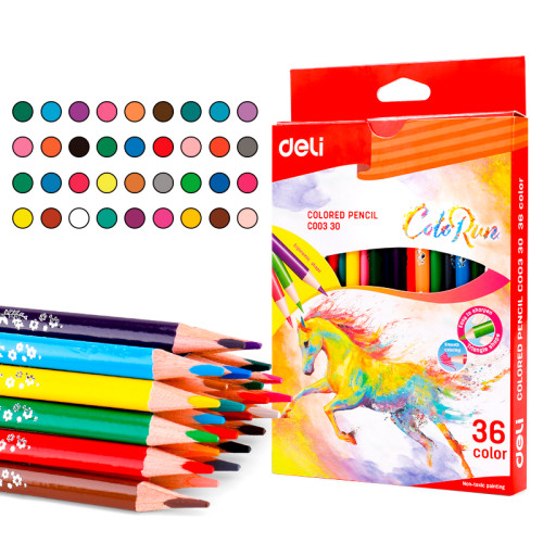 Карандаши цветные Deli "ColoRun", 36 цветов, дерево, картон