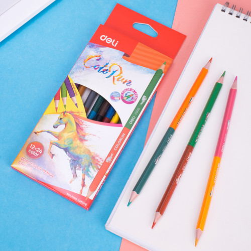 Карандаши цветные Deli "ColoRun", двухсторонние, 12 штук, 24 цвета, дерево, картон