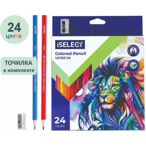 Карандаши цветные "i Select", 24 цвета, дерево, картон, с точилкой в комплекте