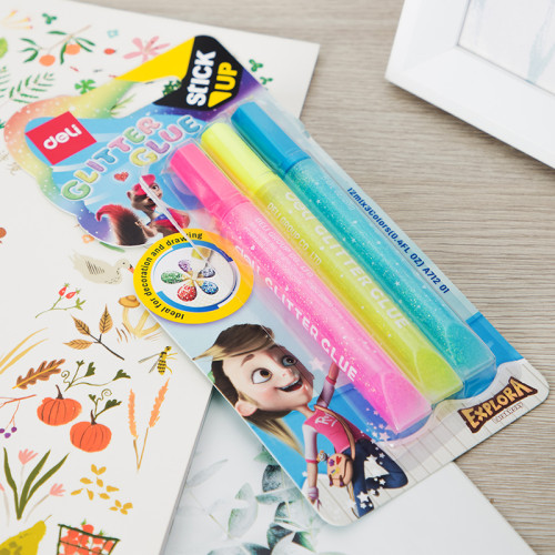 Клей-гель DELI "Explora" с блестками, 3 шт по 12 мл, неон, в блистере