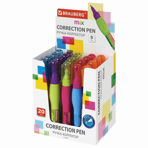 Корректирующая ручка BRAUBERG, 9 мл, металлический наконечник, ассорти