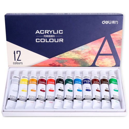 Краски акриловые DELI художественные, глянцевые, 12 цветов по 12 мл., картон