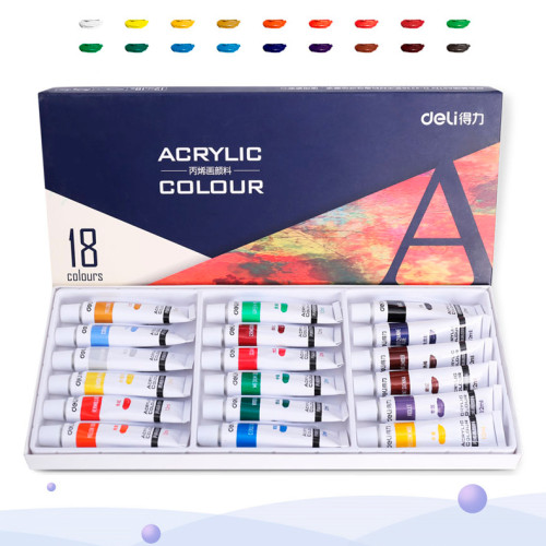 Краски акриловые DELI художественные, глянцевые, 18 цветов по 12 мл., картон
