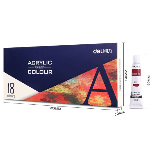 Краски акриловые DELI художественные, глянцевые, 18 цветов по 12 мл., картон