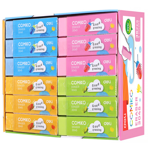 Ластик DELI "Comiko", прямоугольный, ассорти, 60х15х15 мм