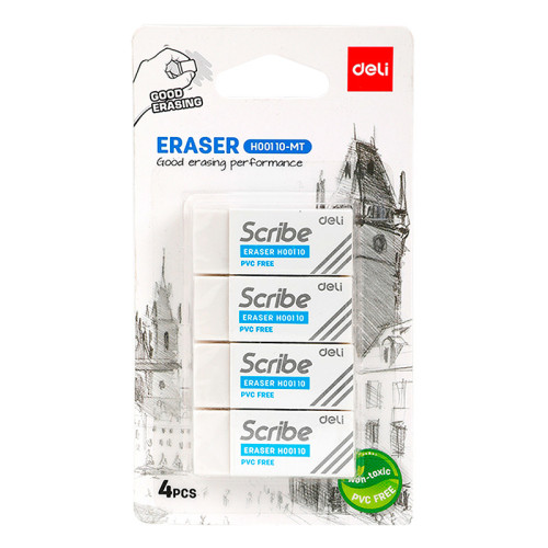 Ластик DELI "Scribe", прямоугольный, белый (42х17х10 мм), 4 шт в упаковке