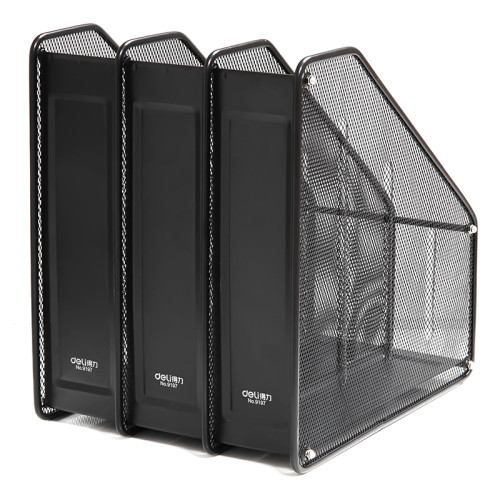 Лоток вертикальный DELI, 3 отделения, металлический, черный