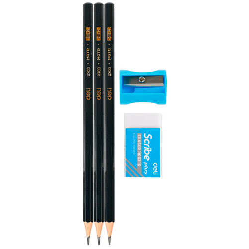 Набор карандашей чернографитных DELI, НВ, 3 штуки, точилка + ластик, блистер