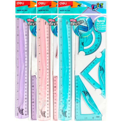 Набор линеек Deli "Twist Me!" (треугольник .2 шт, линейка 30 см,транспортир), тонированный, ассорти
