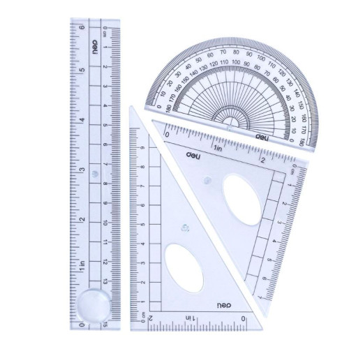 Набор линеек Deli "Uspire" (треугольник .2 шт, линейка 15 см,транспортир), прозрачный