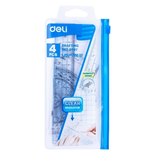 Набор линеек Deli "Uspire" (треугольник .2 шт, линейка 15 см,транспортир), прозрачный