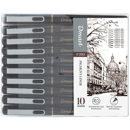 Набор линеров Dmast, 0,15 мм - 0.55 мм, кисть BS, 10 штук в упаковке, черный
