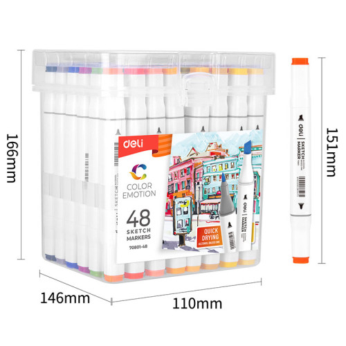 Набор маркеров для скетчинга DELI, двухсторонний 1/7 мм, 48 цветов, пластиковая коробка