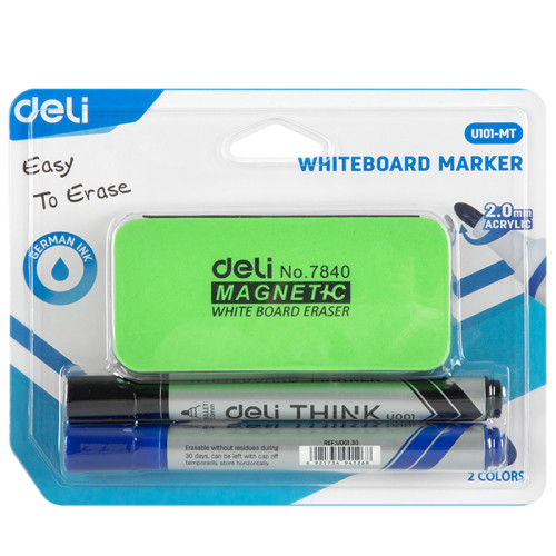 Набор маркеры и губка для доски, DELI "U101", синий и черный