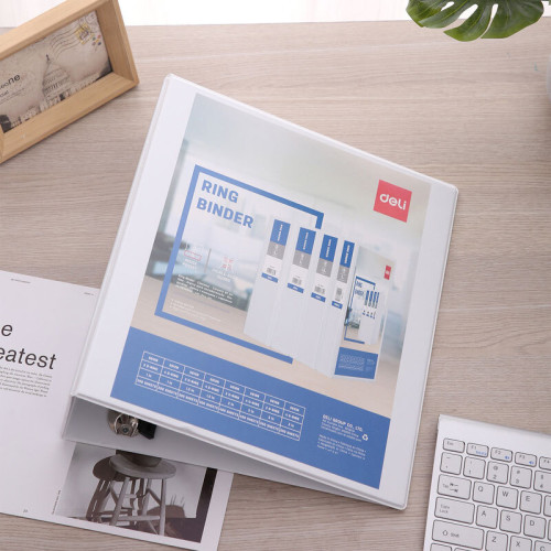 Папка презентационная DELI на 4-х кольцах, А4, с кармашком, корешок 98 мм, белая