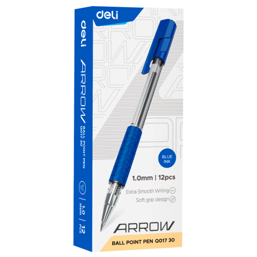 Ручка шариковая DELI "Arrow" Q1730, 1 мм, синяя, грип