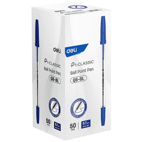 Ручка шариковая DELI "Classic" Q6-BL, 0,7 мм, прозрачный корпус, синяя