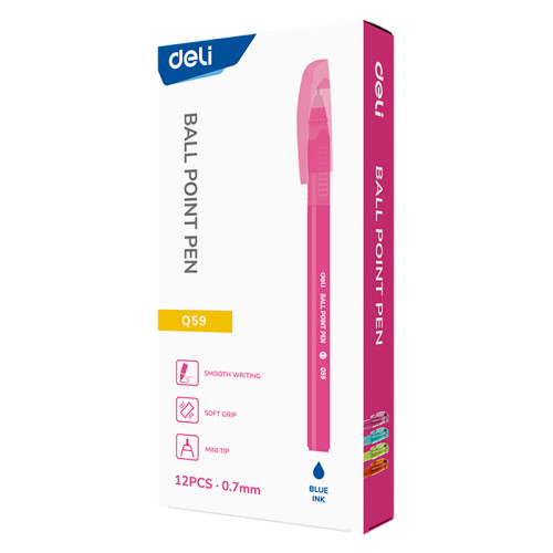 Ручка шариковая DELI "Q59", 0,7 мм, корпус ассорти, синяя, грип