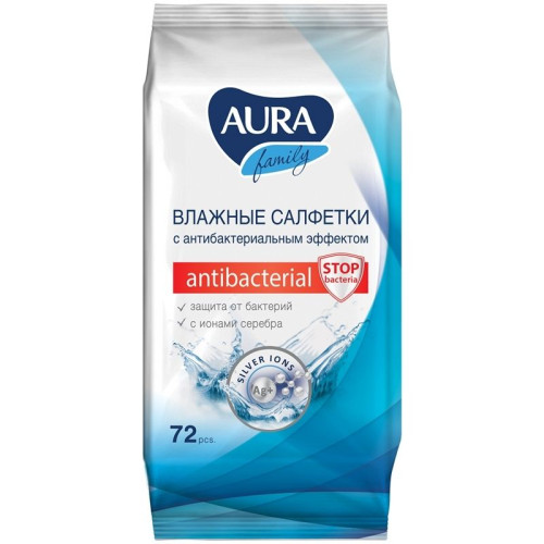 Салфетки влажные Aura "Family", антибактериальные, 72 штуки в упаковке