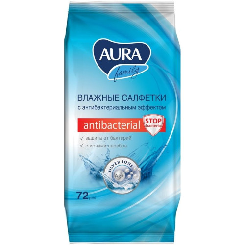 Салфетки влажные Aura "Family", антибактериальные, 72 штуки в упаковке