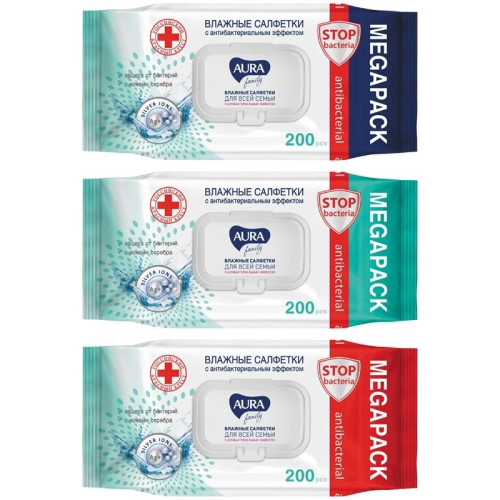 Салфетки влажные Aura "Family", антибактериальные, mega-pack с крышкой, 15*14см, 200 шт/упак