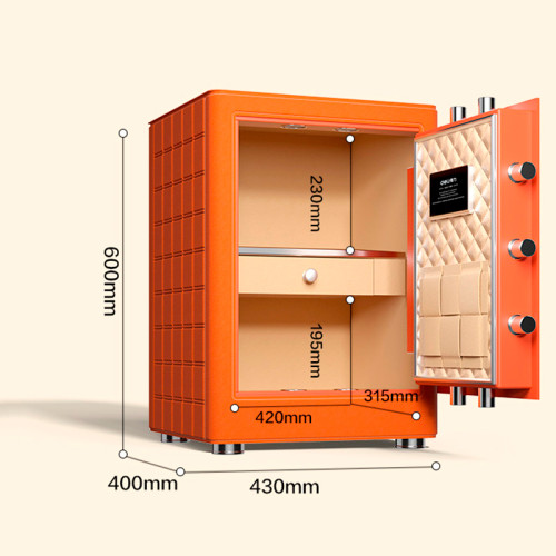 Сейф DELI "AE691-Z" биометрический + электронный замок + ключ, 430х400х600 мм, 52 кг, оранжевый