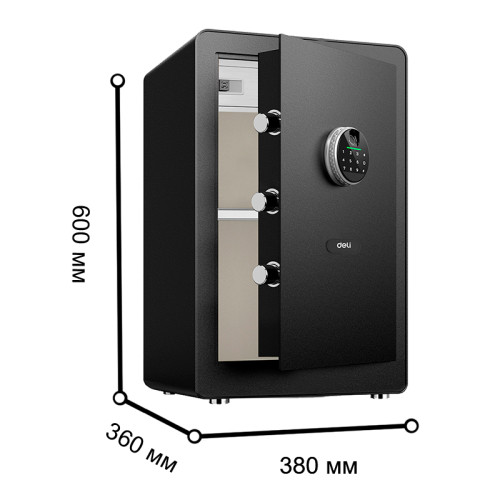 Сейф мебельный DELI "ET632" биометрический + электронный замок+ключ, 380х360х600 мм, 25 кг, черный