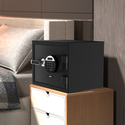 Сейф огнестойкий DELI "ET580" электронный замок + ключ, 380х300х300 мм, 20,8 кг, черный