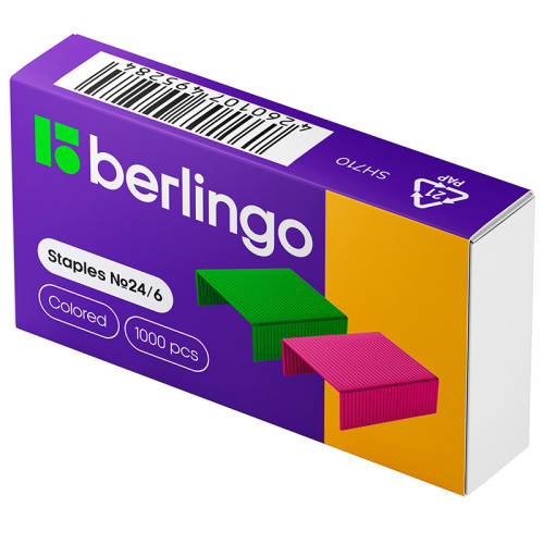Скобы BERLINGO для степлера №24/6 (30 листов), цветные, 1000 шт/кор