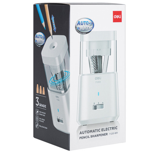Точилка DELI "71203" электрическая, автоматическая, 1 отверстие, с контейнером, белая