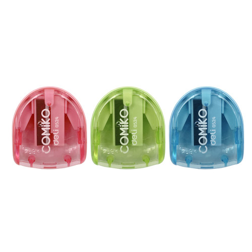 Точилка DELI "Comiko" 0524, пластиковая, 1 отверстие, с контейнером, ассорти