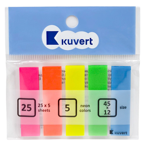 Закладки клейкие KUVERT "Sticky", 12 х 45 мм, пластиковые, 5 цв. х 25 листов