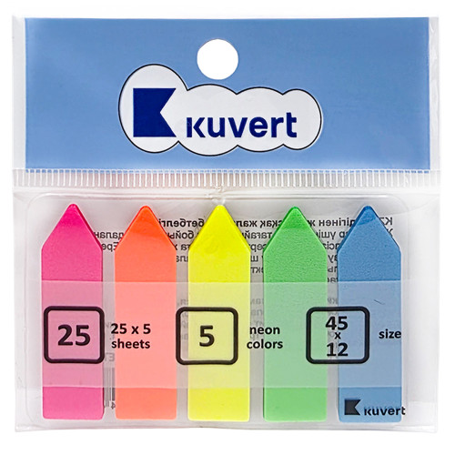 Закладки клейкие KUVERT "Sticky", 12 х 45 мм, стрелки, пластиковые,  5 цв х 25 листов