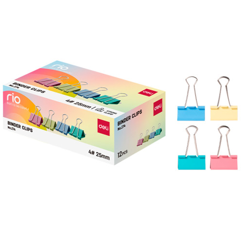 Зажимы для бумаг DELI "RIO", 25 мм, цветные, (12 шт.)