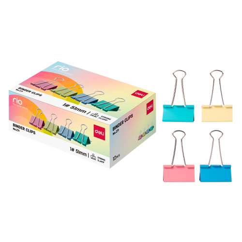 Зажимы для бумаг DELI "RIO", 51 мм, цветные, (12 шт.)