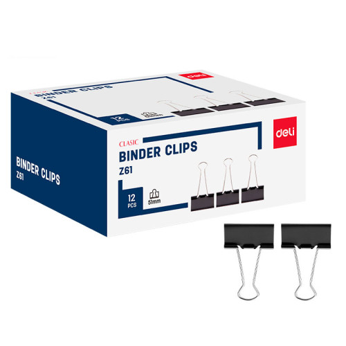 Зажимы для бумаг DELI "Z61", 51 мм, черные, (12 шт.)
