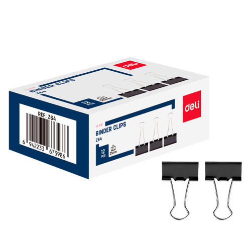 Зажимы для бумаг DELI "Z64", 25 мм, черные, (12 шт.)