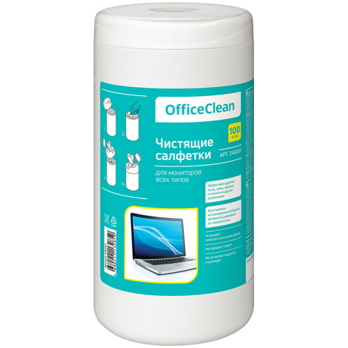 Салфетки чистящие влажные OfficeClean, для экрнов/мониторов, 100 шт в тубе
