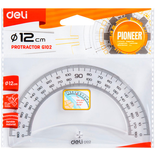 Транспортир Deli "Pioneer" (180 градусов, 12 см), прозрачный Транспортир Deli "Pioneer" (180 градусов, 12 см), прозрачный